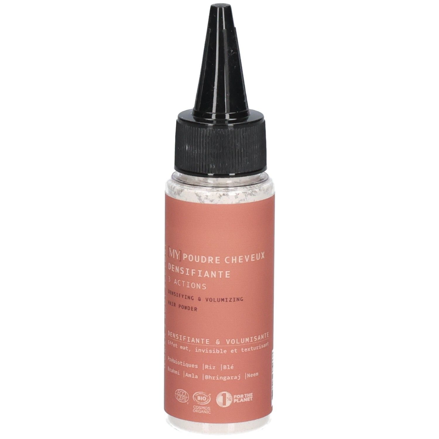 Flacon à étiquette rose et applicateur noir, contenant de la poudre densifiante pour cheveux.