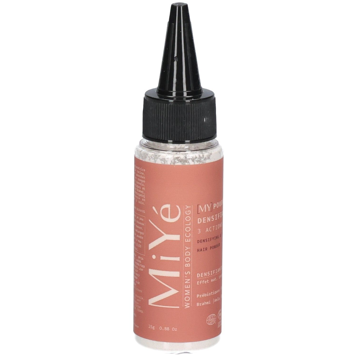 Flacon Miyé Powder Densifier avec applicateur noir. Étiquette rose avec inscription blanche.