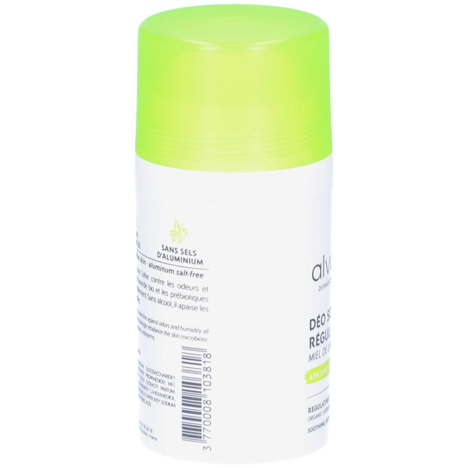 Dos du déodorant. Texte: Sans sels d'aluminium. Pour peaux sensibles. Code-barres. Logo ALVADIEM.