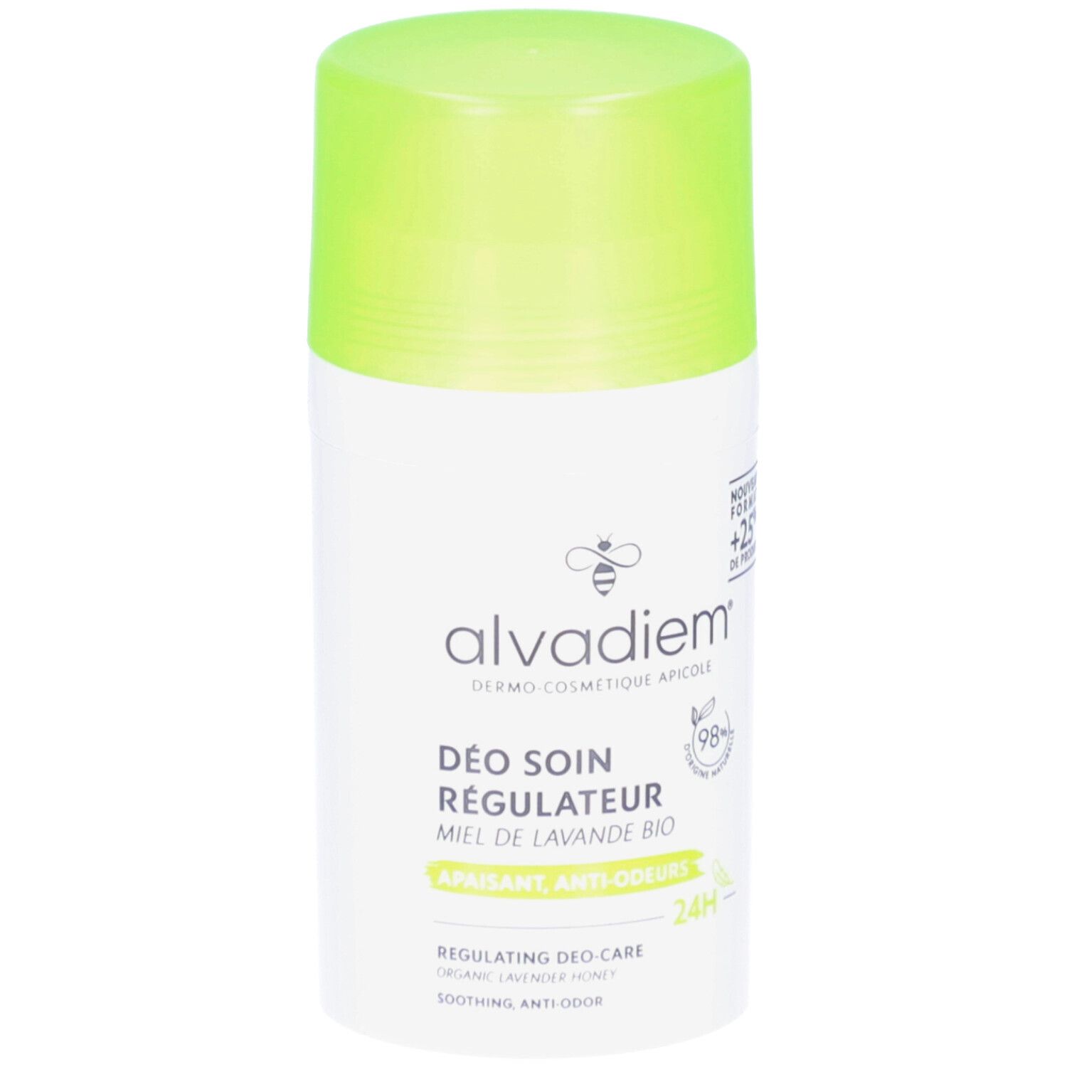 Déodorant blanc avec bouchon vert. Inscription: ALVADIEM, Déo Soin Régulateur, miel de lavande bio. 98% d'ingrédients d'origine naturelle.