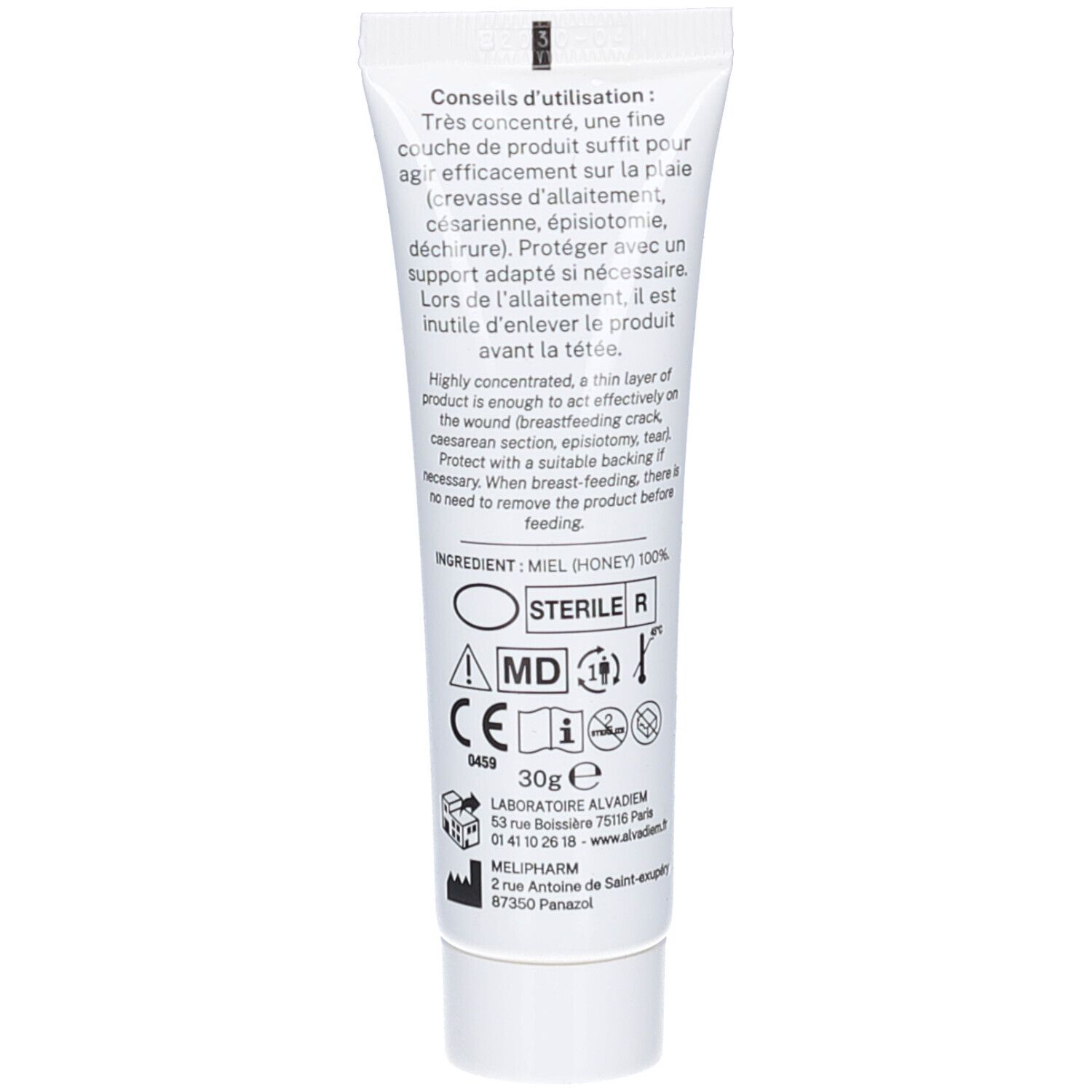 Dos du tube. Texte en français. Ingrédient: miel. Marquage CE. 30g. Adresse du fabricant.