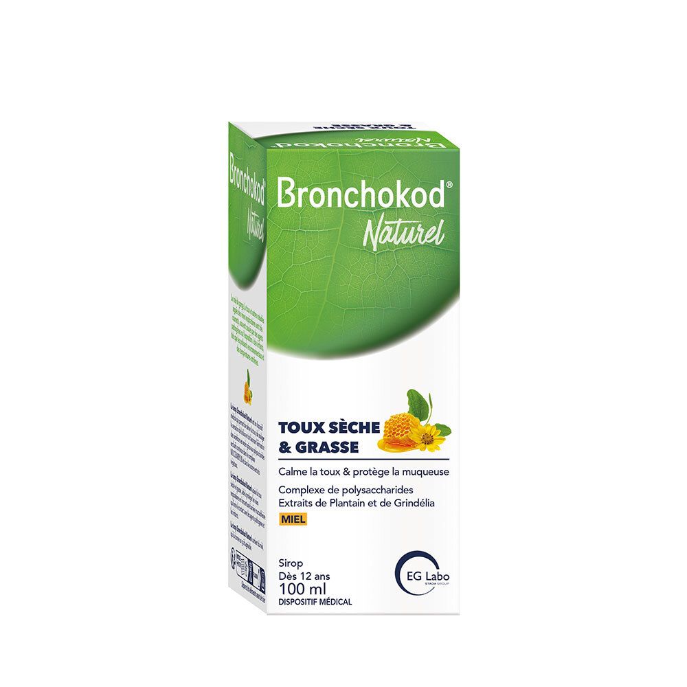 Groene doos met productnaam en ingrediënten. Honingsmaak. 100 ml. Medisch hulpmiddel.