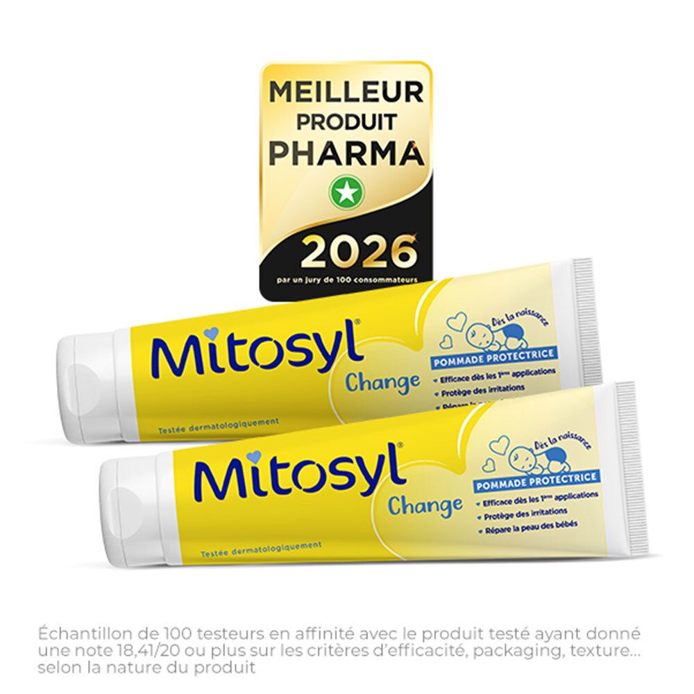 Tube jaune "Mitosyl Change". Bouchon blanc. Inscription "Pommade Protectrice".