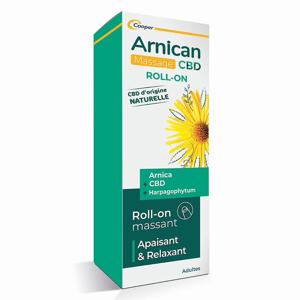 Emballage vert et blanc. Inscription : Arnican Massage CBD Roll-on. Contient Arnica, CBD et Harpagophytum. Avec fleur jaune.