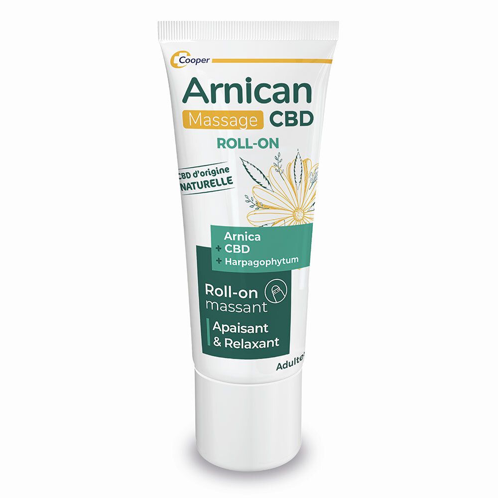 Roll-on blanc. Inscription : Arnican Massage CBD Roll-on. Contient Arnica, CBD et Harpagophytum. Avec fleur jaune.
