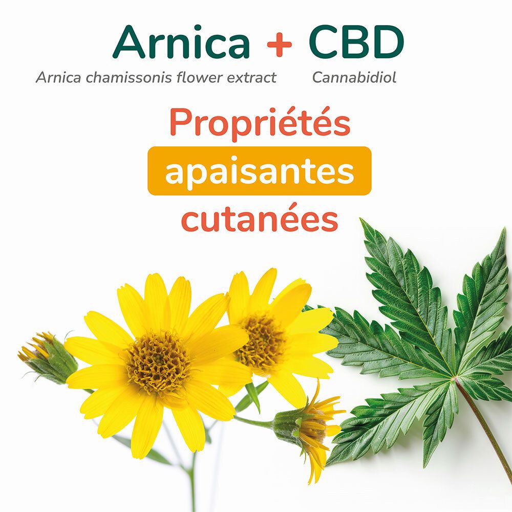 Fleurs jaunes et feuille verte. Texte : Arnica + CBD. Propriétés apaisantes cutanées.