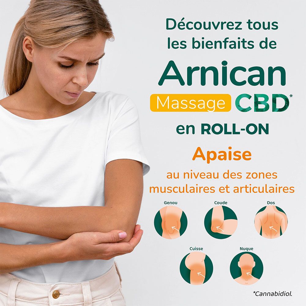 Femme avec bras. Texte : Arnican Massage CBD Roll-on. Apaise les douleurs musculaires et articulaires.