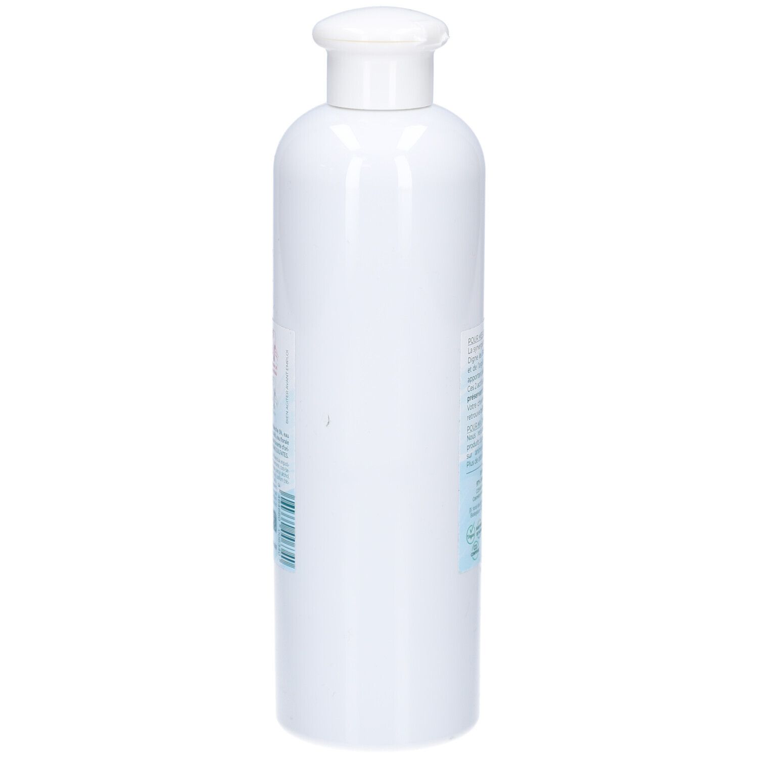 Flacon de shampooing blanc. Vue arrière. Sections de texte. Étiquette d'information. Bouchon en haut.