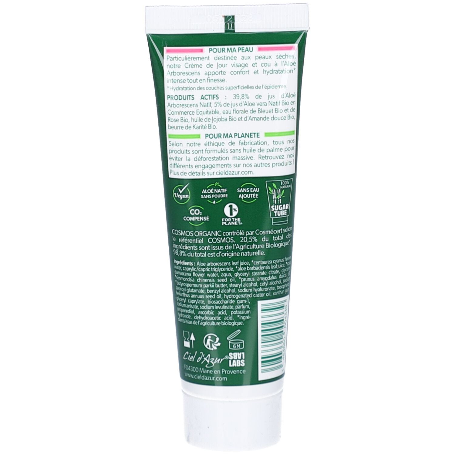 Dos du tube. Texte multilingue. Certification bio. Ingrédients et informations fabricant.