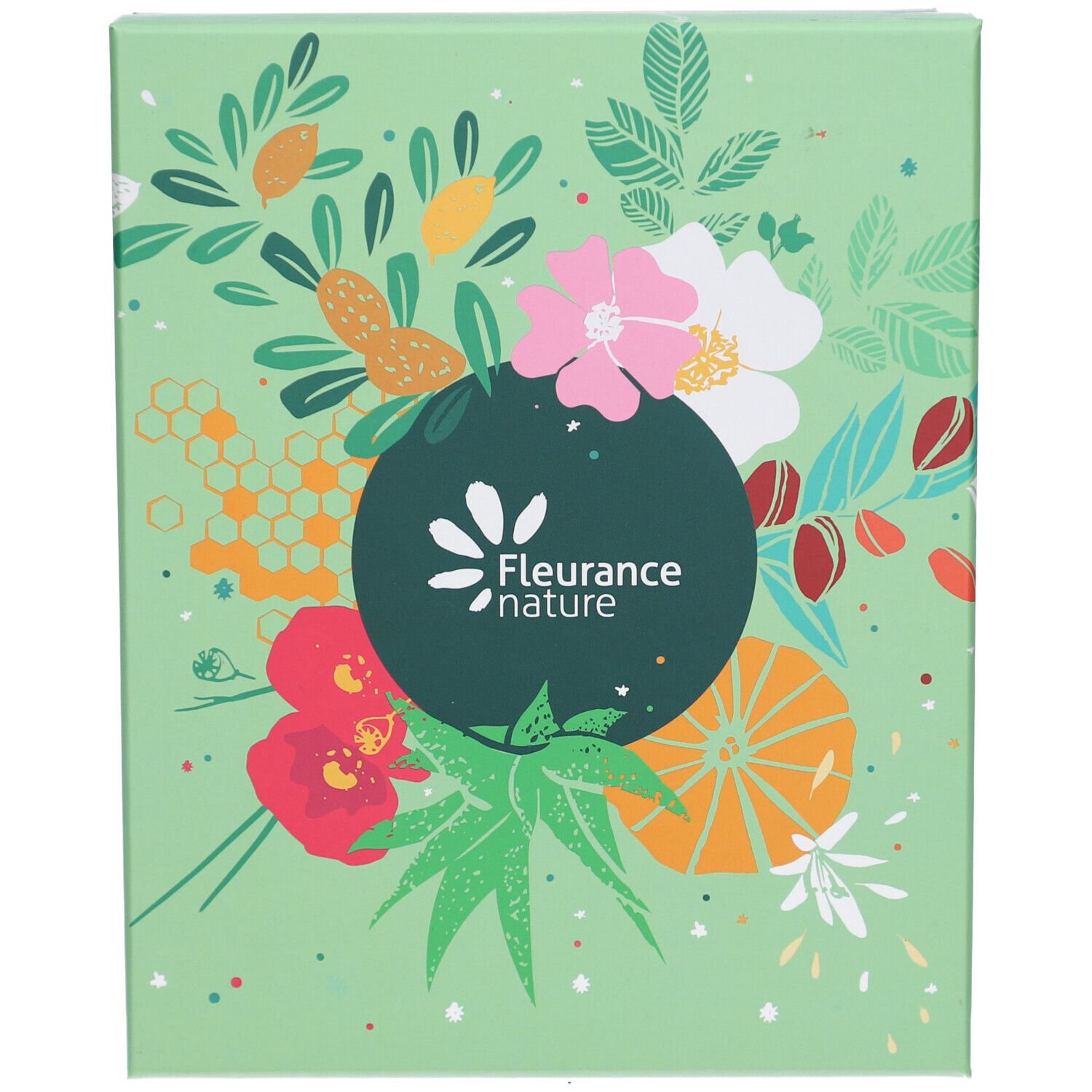Boîte verte avec motifs floraux et logo "Fleurance nature".