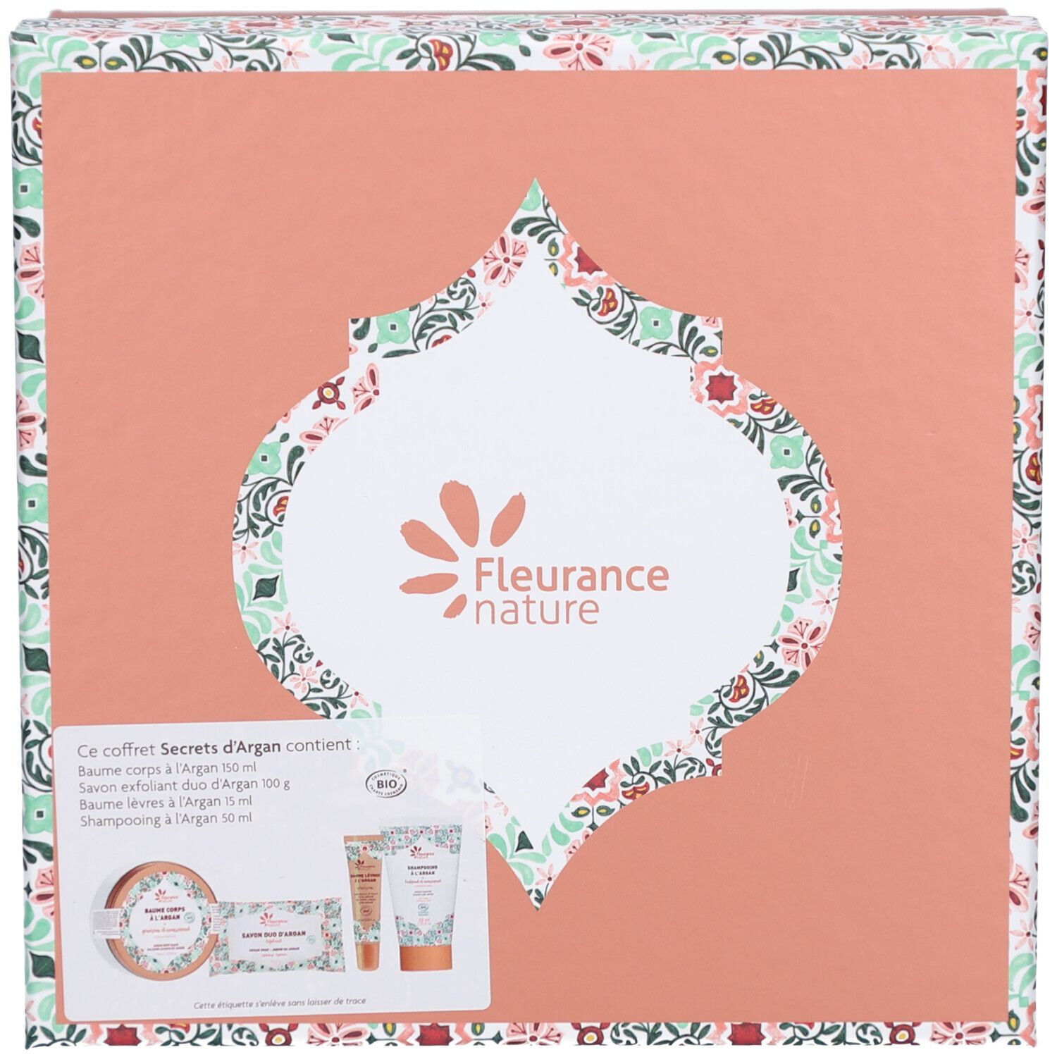 Coffret Secrets d'Argan avec motif floral et logo. Contient des produits à l'huile d'argan. Certification Bio visible.