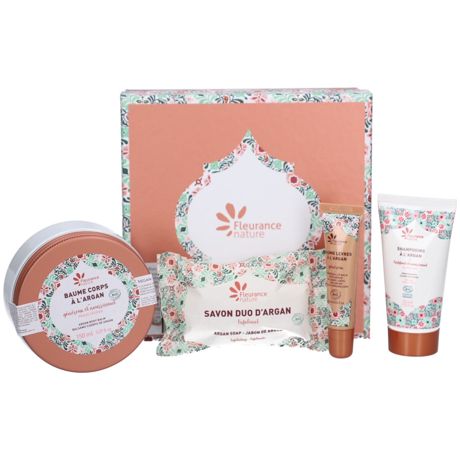 Coffret avec motif floral et logo. Contient divers produits à l'huile d'argan. Certification Bio visible.