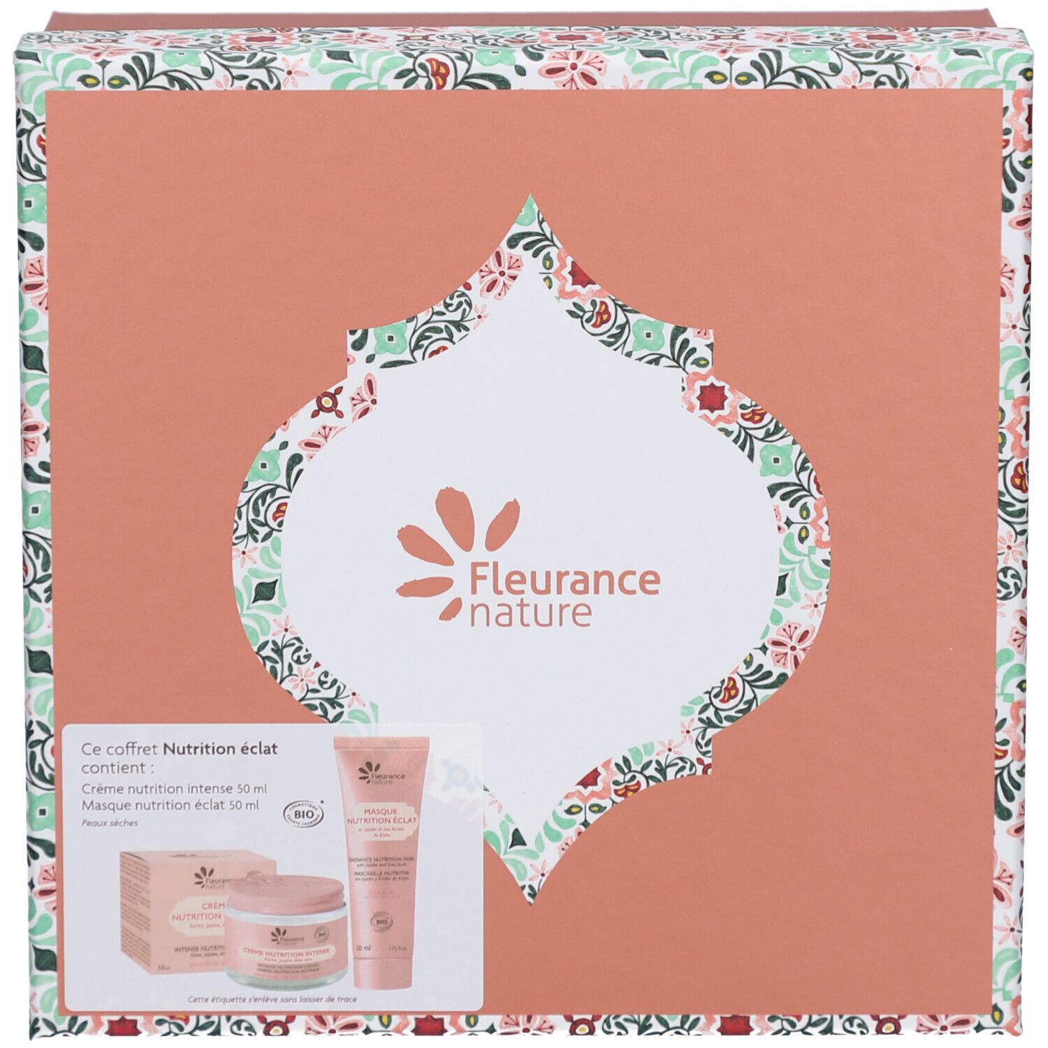 Geschenkdoos met cosmetica. Bevat crème, masker en tube. Opschrift: Fleurance nature, Nutrition éclat.