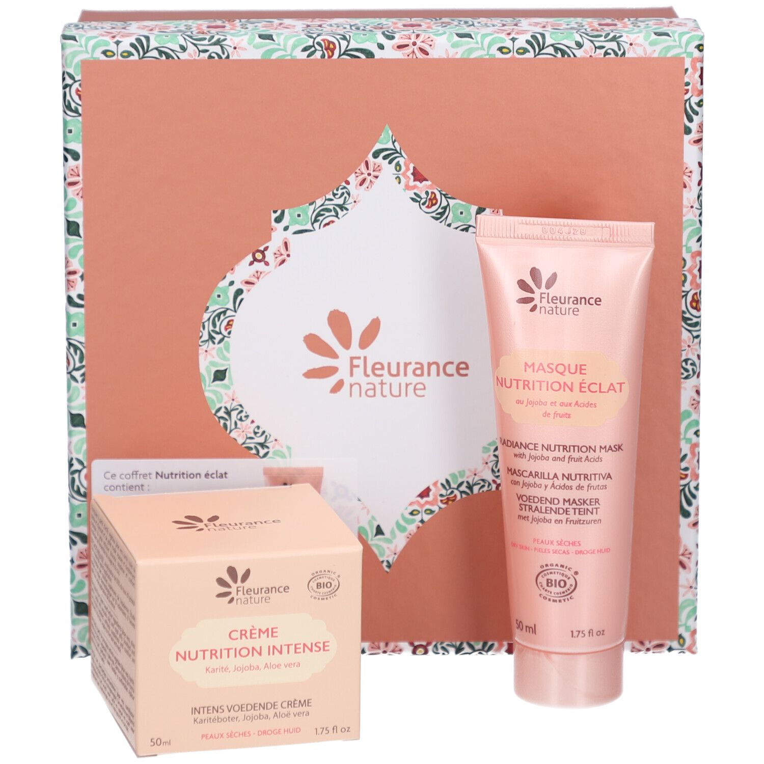 Cosmetica in geschenkverpakking. Bevat crème en masker. Opschrift: Fleurance nature, Crème Nutrition Intense, Masque Nutrition éclat.