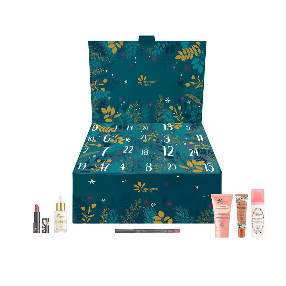 Calendrier de l'Avent ouvert avec produits cosmétiques. Rouge à lèvres, sérum, crèmes. Design vert et doré.