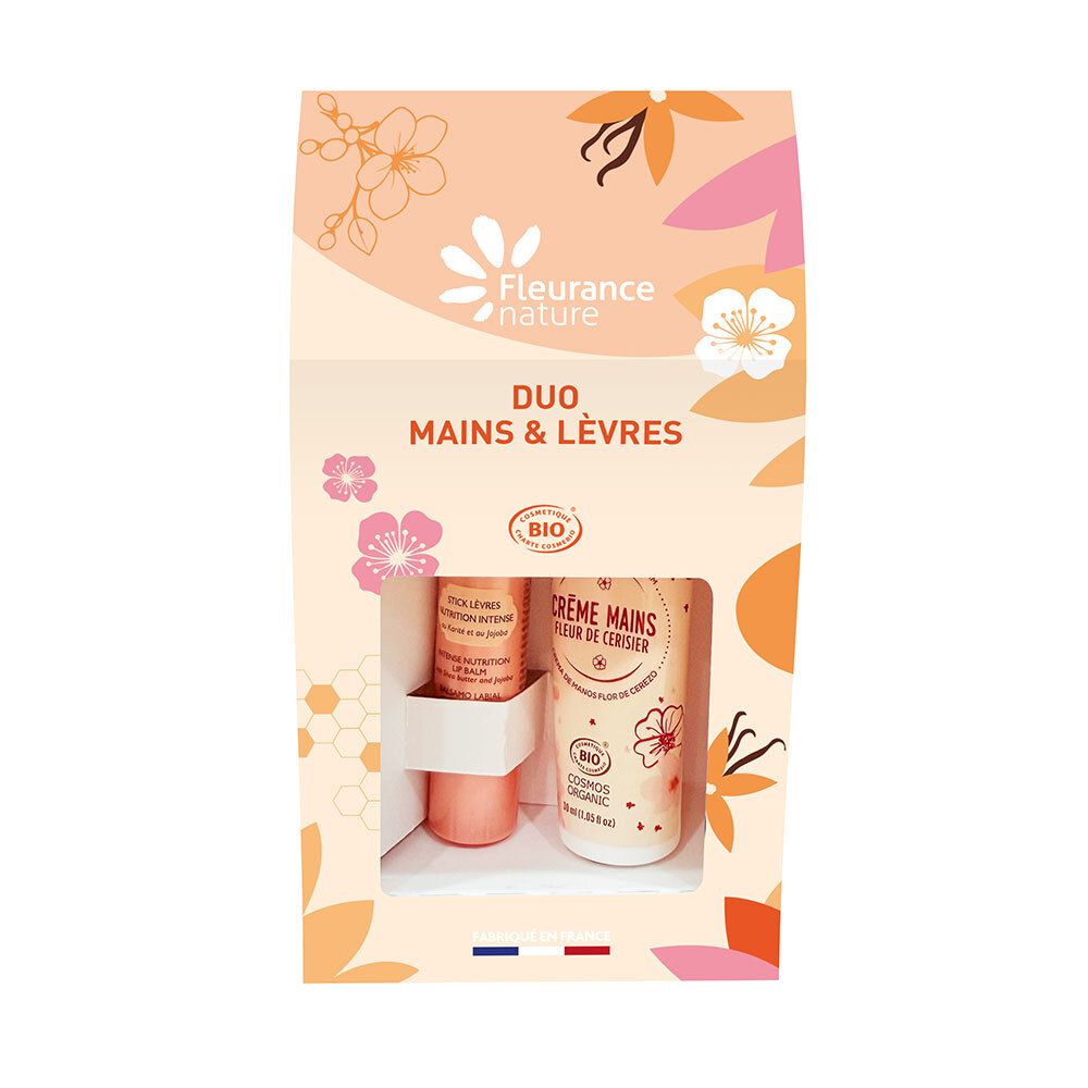 Geschenkverpakking Duo Mains & Lèvres. Handcrème en lippenbalsem. Bloemenontwerp, BIO-certificering.