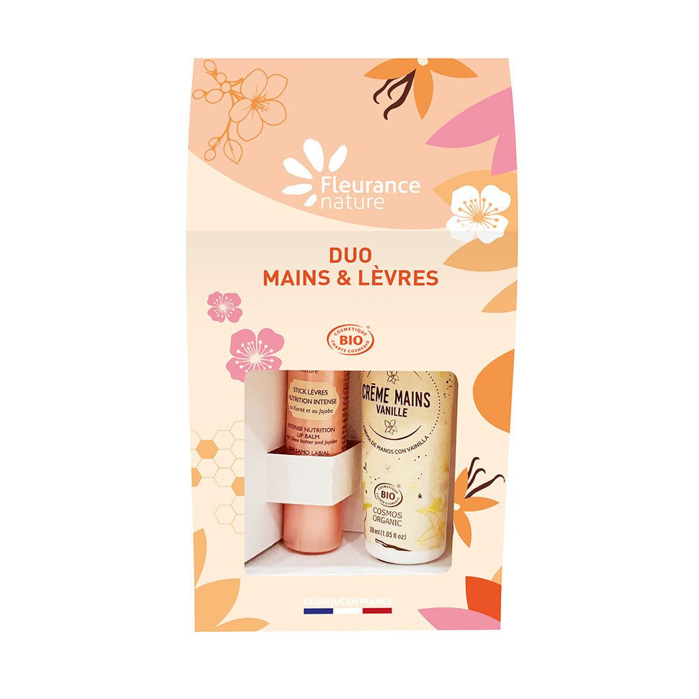 Coffret Duo Mains & Lèvres. Contient une crème mains et un stick lèvres. Emballage floral avec logo et mentions. Certifié Bio.