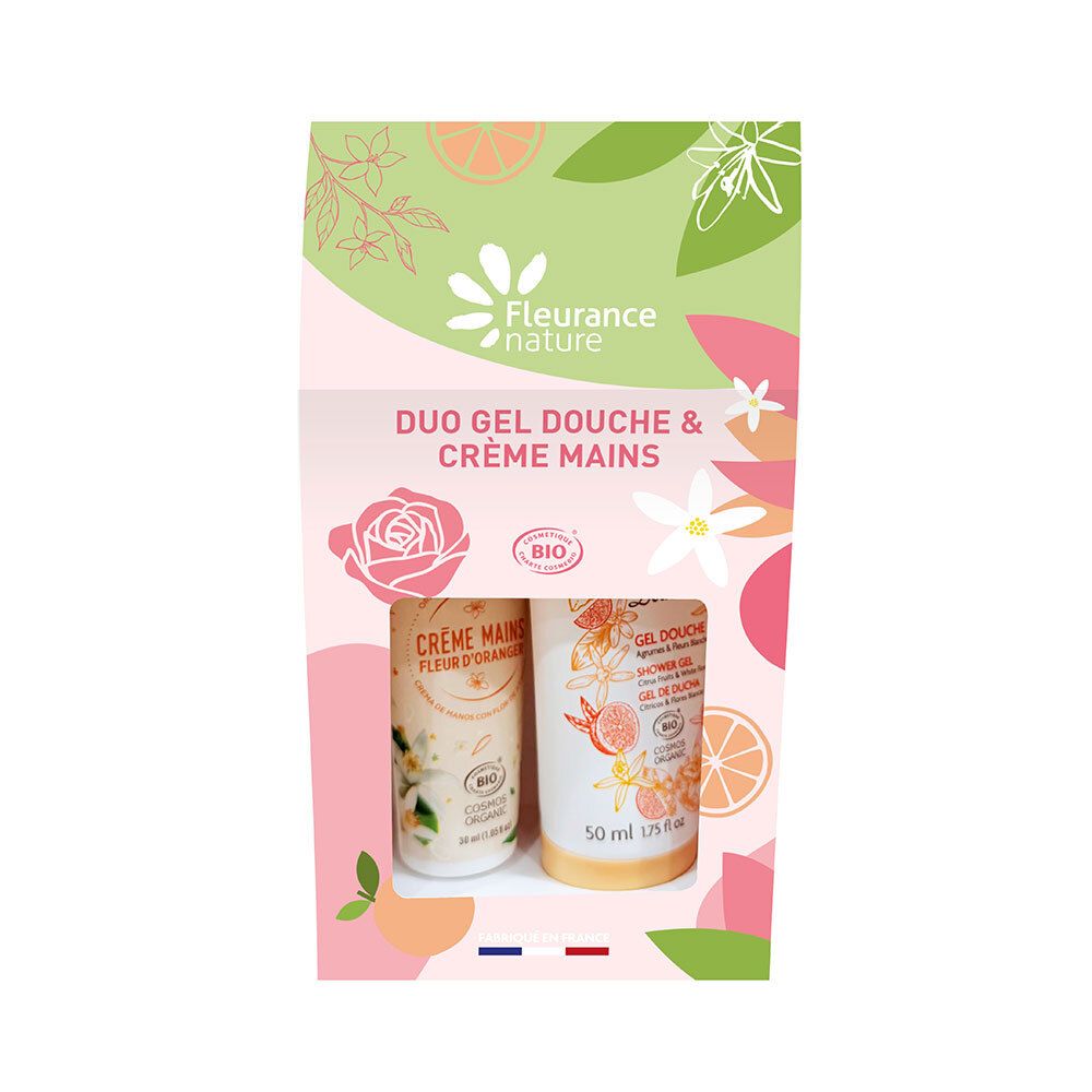 Geschenkverpakking Duo Gel Douche & Crème Mains. Twee tubes. Bloemenmotieven en merklogo.