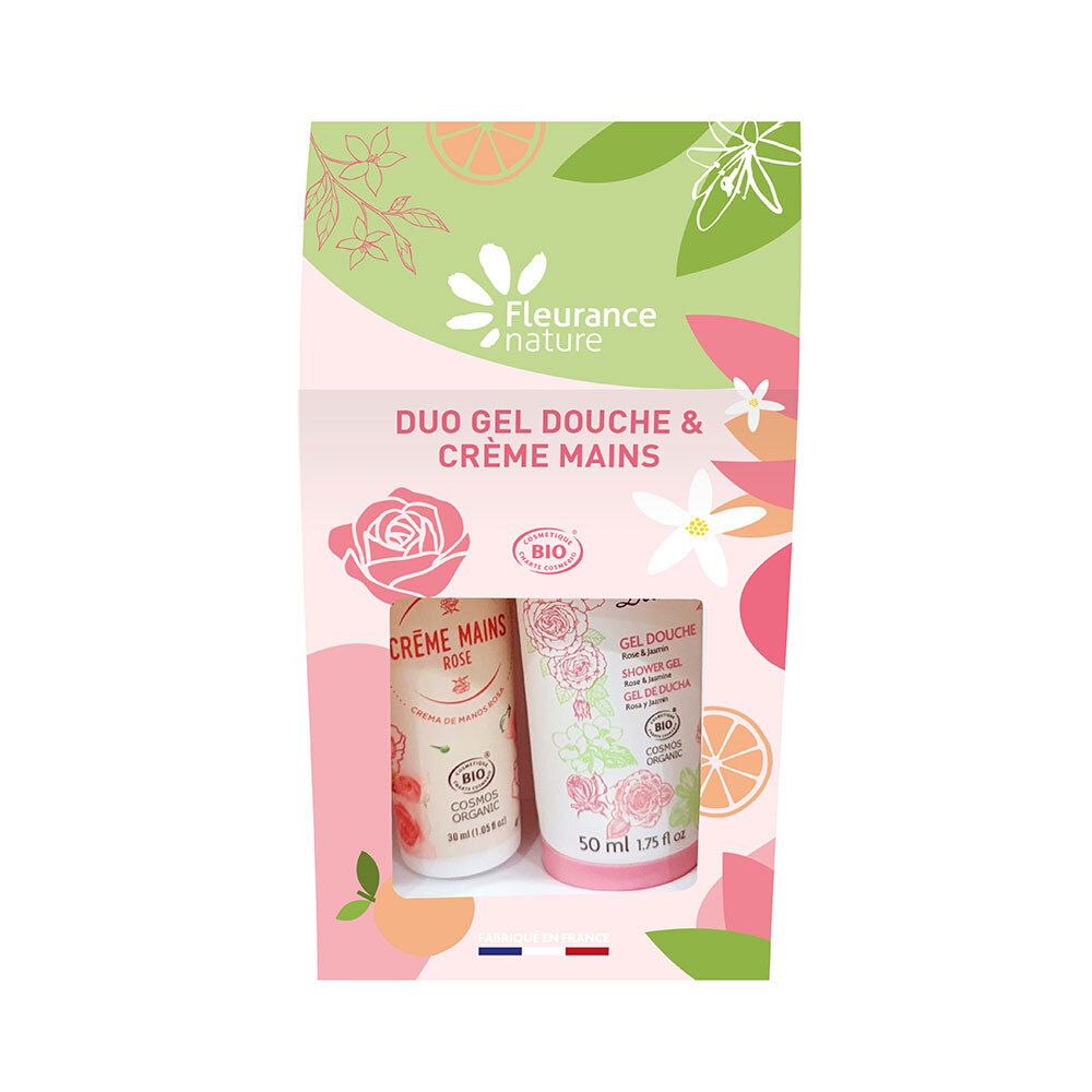 Geschenkverpakking Duo Gel Douche & Crème Mains Rose. Twee flacons in verpakking. Opschriften: Rose, Bio-certificering, 50 ml en 175 ml.