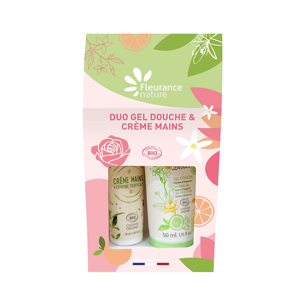 Geschenkverpakking met twee tubes. Opschrift: Duo Gel Douche & Crème Mains. Bio-certificering. Bloemen- en citrusdesign.