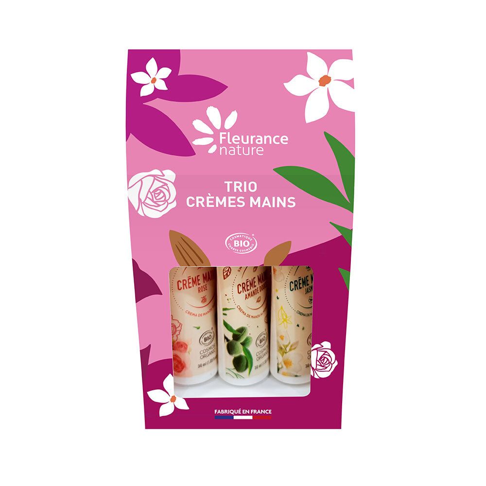 Trio handcrèmes in roze verpakking. Drie tubes met bloemmotieven en bio-label. Opschrift: Trio Crèmes Mains, Fleurance Nature.