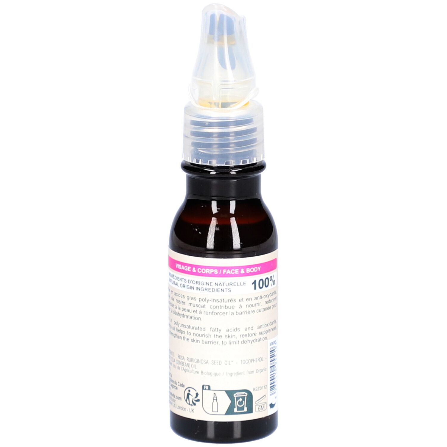 Flacon en verre brun avec applicateur. Inscriptions: Visage & Corps, 100% ingrédients d'origine naturelle.