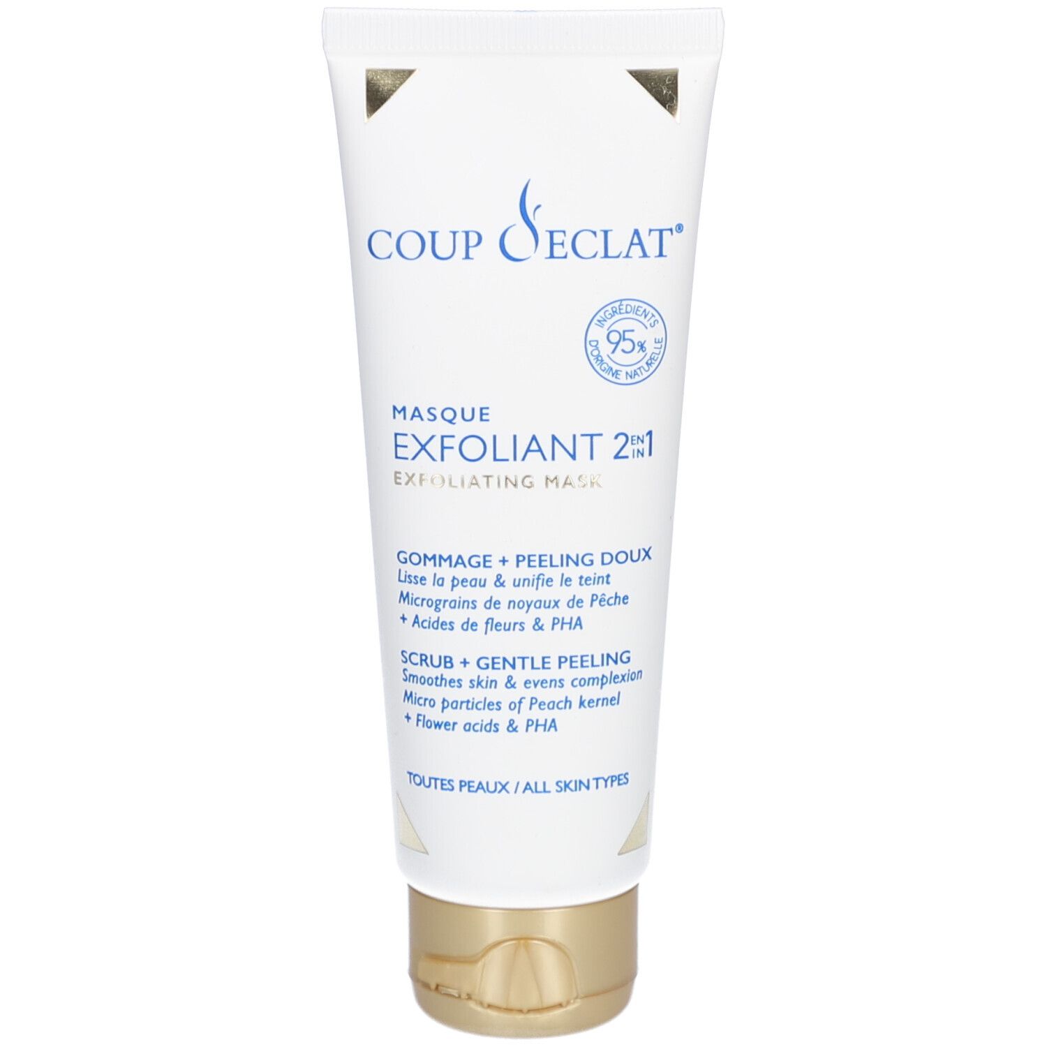 Witte tube met blauwe tekst. "COUP D'ECLAT" en "MASQUE EXFOLIANT 2EN1" zichtbaar. Gouden dop.