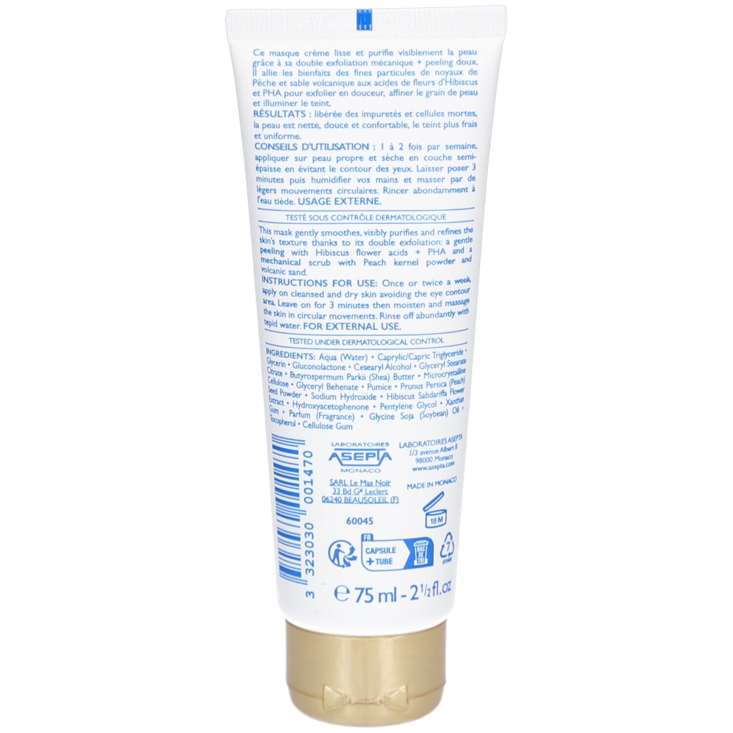 Achterkant van de tube. Meertalige tekst. Gouden dop. Volume: 75 ml.