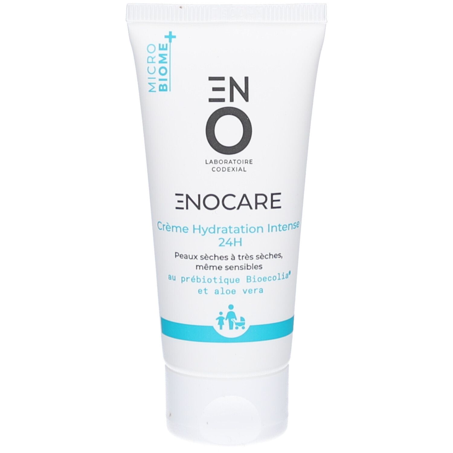 Tube blanc avec texte bleu-vert. Contient ENOCARE Crème Hydratation Intense 24H. Logo: EN O. Avec aloe vera et prébiotiques.