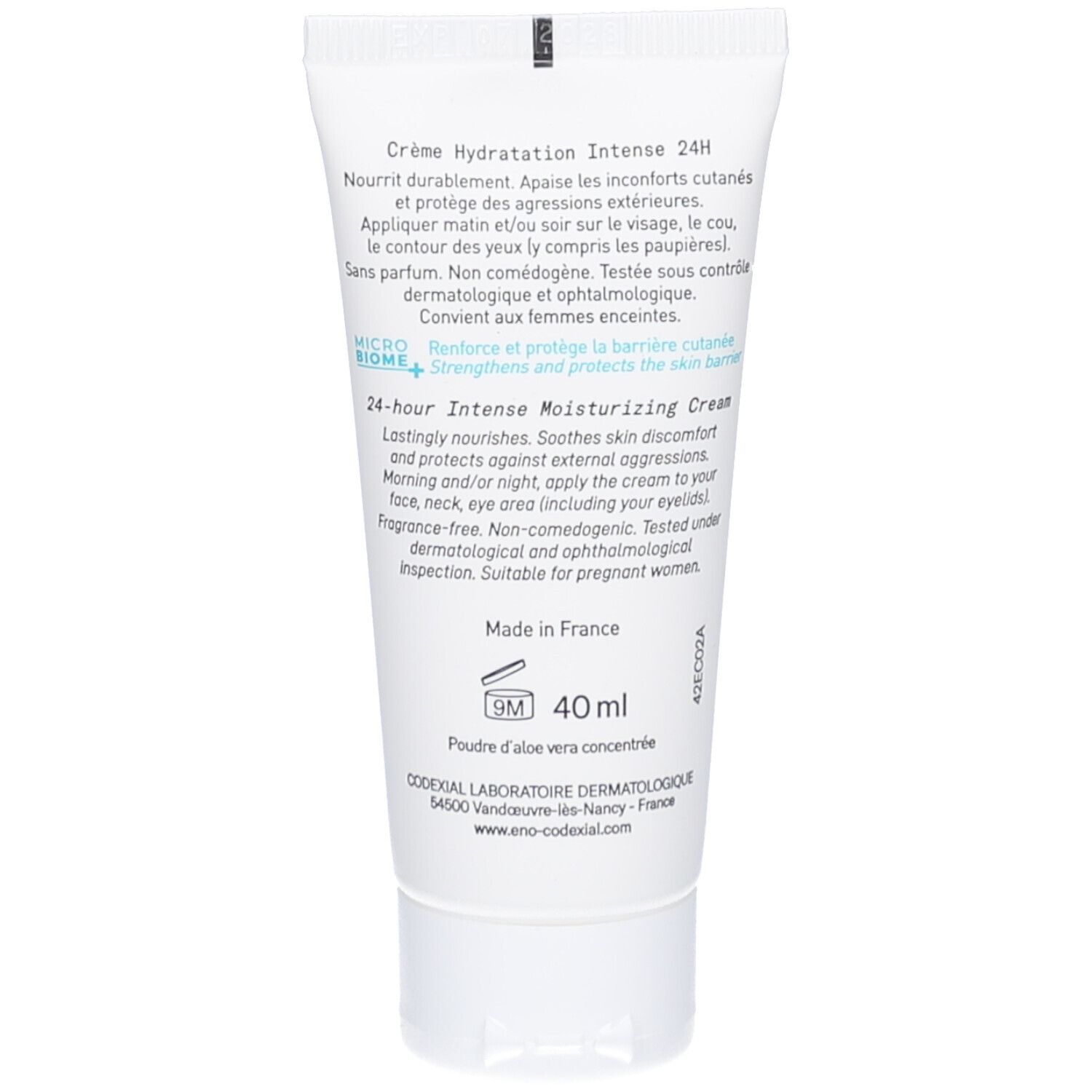 Dos du tube blanc. Texte: Crème Hydratation Intense 24H. Ingrédients, origine: Fabriqué en France. Volume: 40 ml.