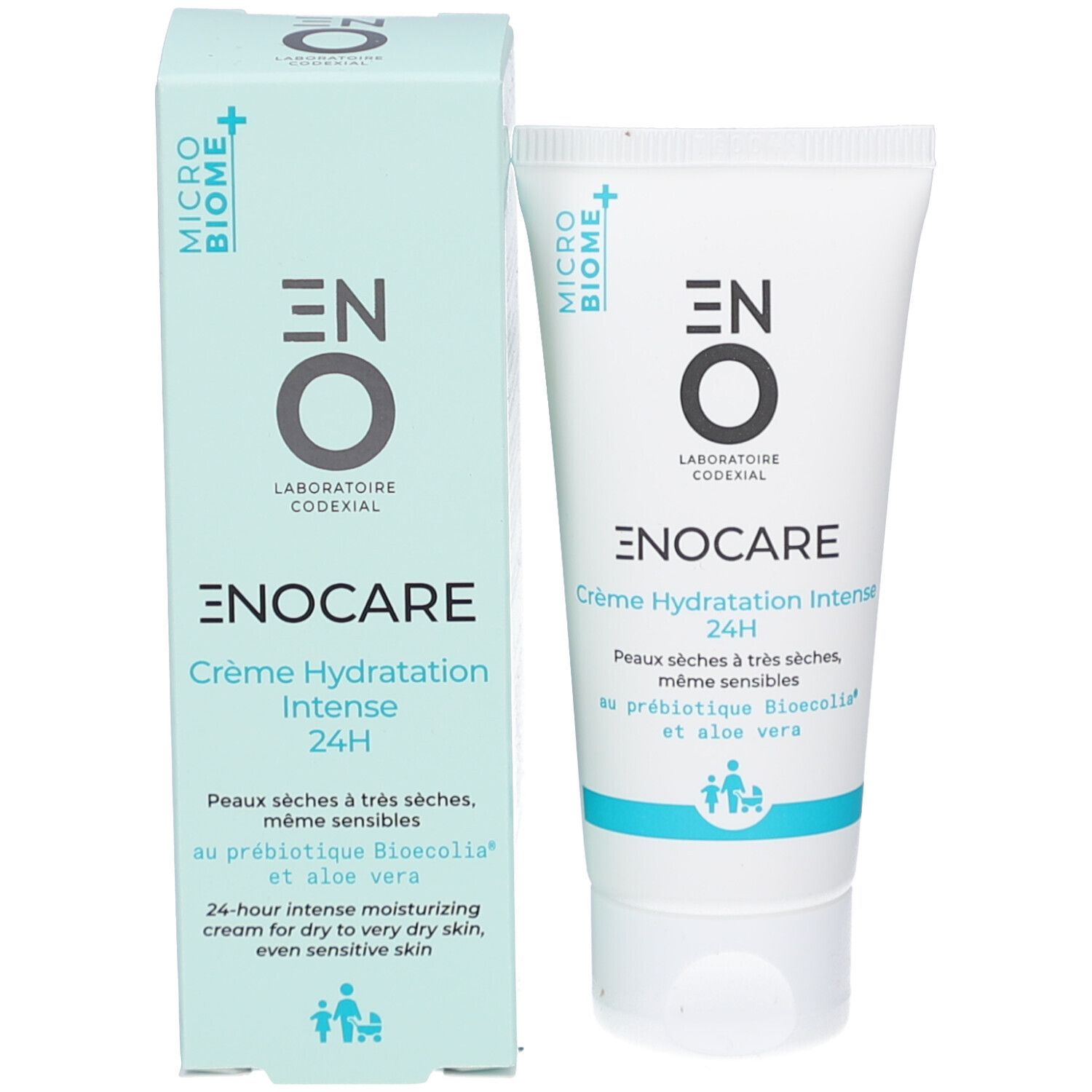 Emballage et tube du produit. Emballage: bleu clair, ENOCARE Crème Hydratation Intense 24H. Tube: blanc, ENOCARE. Logo EN O.