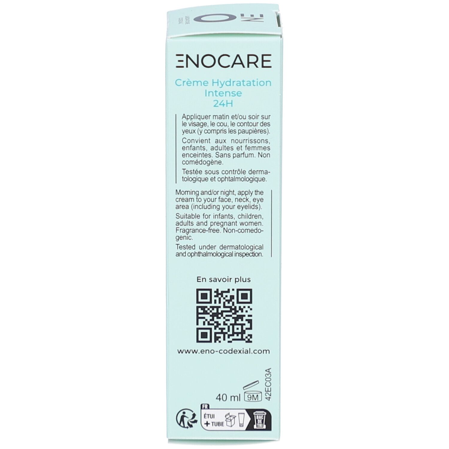Dos de l'emballage du produit. Texte: Crème Hydratation Intense 24H. Instructions d'utilisation, code QR, coordonnées, volume: 40 ml.