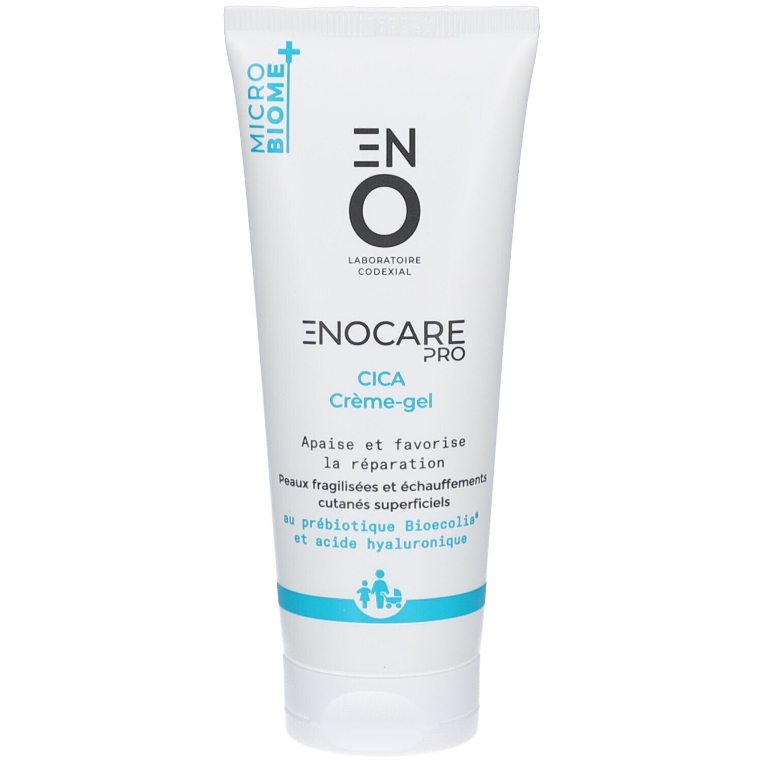 Witte tube met blauwe tekst. Productnaam: ENOCARE PRO CICA Crème-gel. Bevat tekst en logo's.