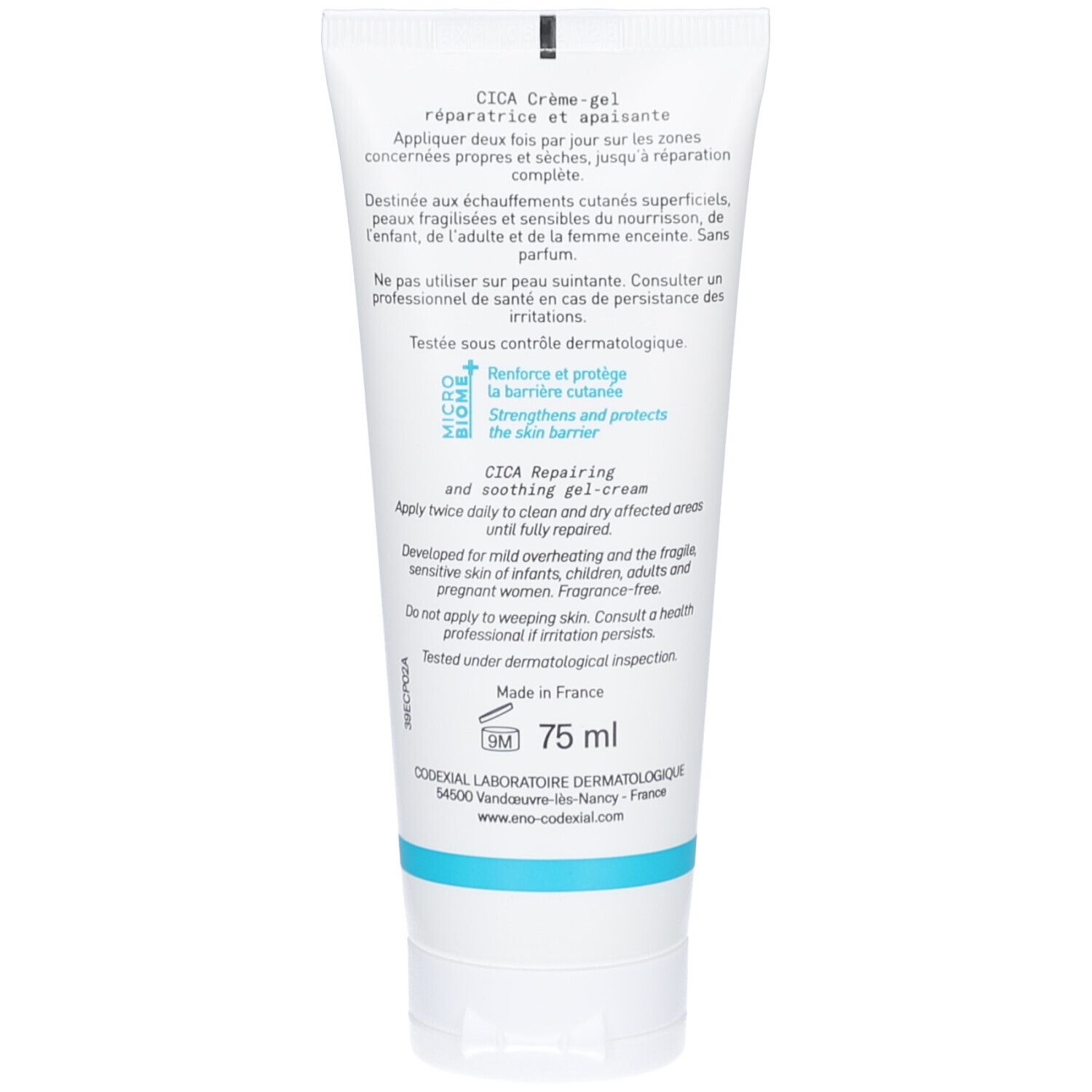 Achterkant van de tube. Tekst in meerdere talen. Bevat informatie over gebruik en ingrediënten.