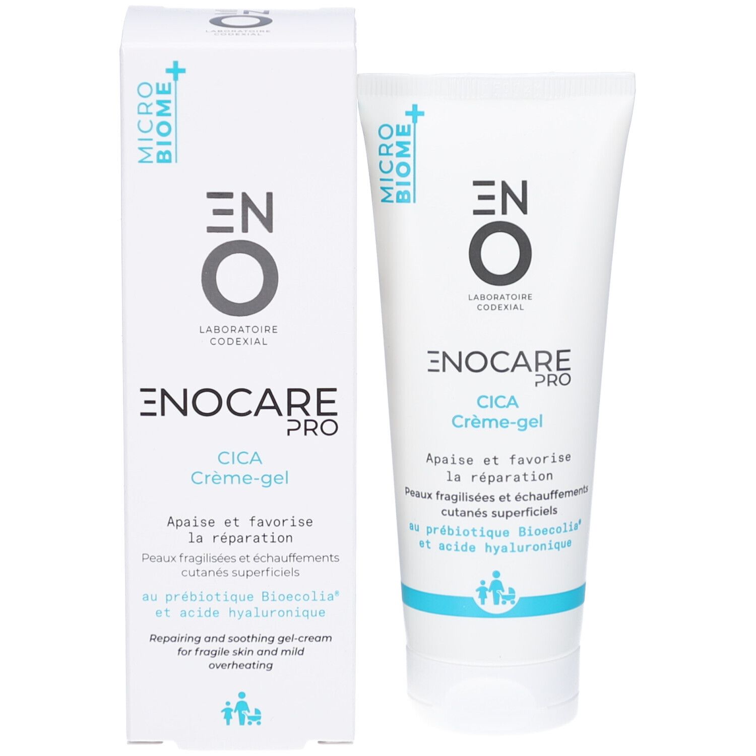 Product en verpakking. Witte tube en doos met blauwe tekst. Productnaam: ENOCARE PRO CICA Crème-gel.