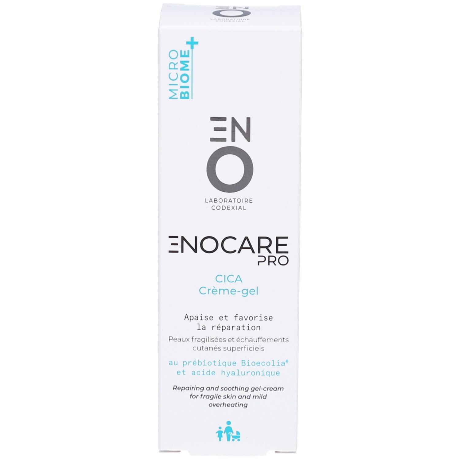 Witte doos met blauwe tekst. Productnaam: ENOCARE PRO CICA Crème-gel. Bevat tekst en logo's.
