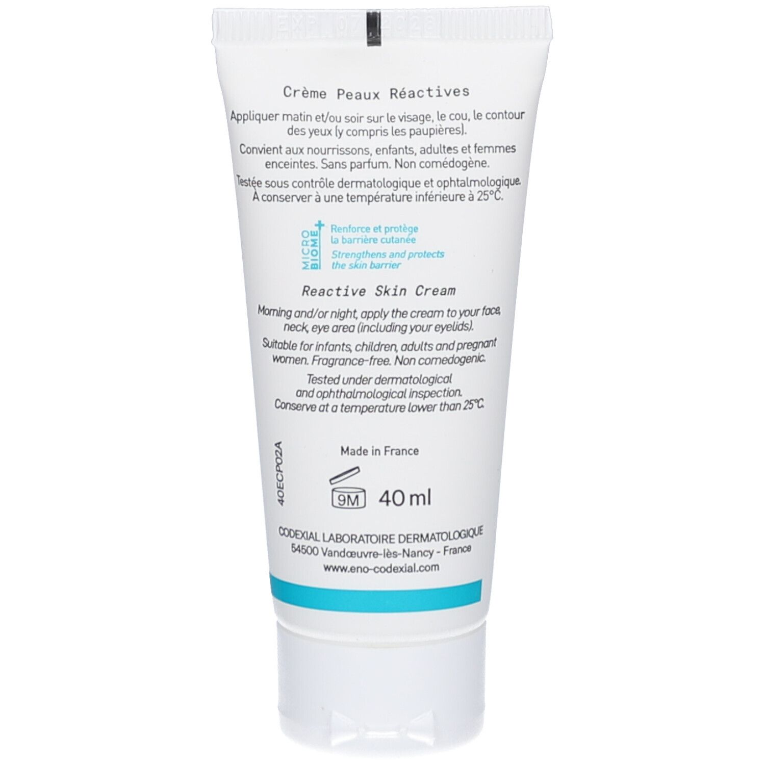 Achterkant van de tube. Tekst: Crème Peaux Réactives. Instructies in het Frans en Engels. 40 ml. Gemaakt in Frankrijk.