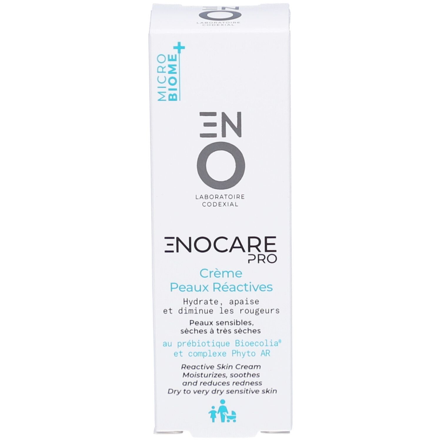 Witte verpakking. ENOCARE PRO CR PEAUX REACTIVE. Tekst: Crème Peaux Réactives. Micro-Biome+. Laboratoire Coderial. Reactive Skin Cream.