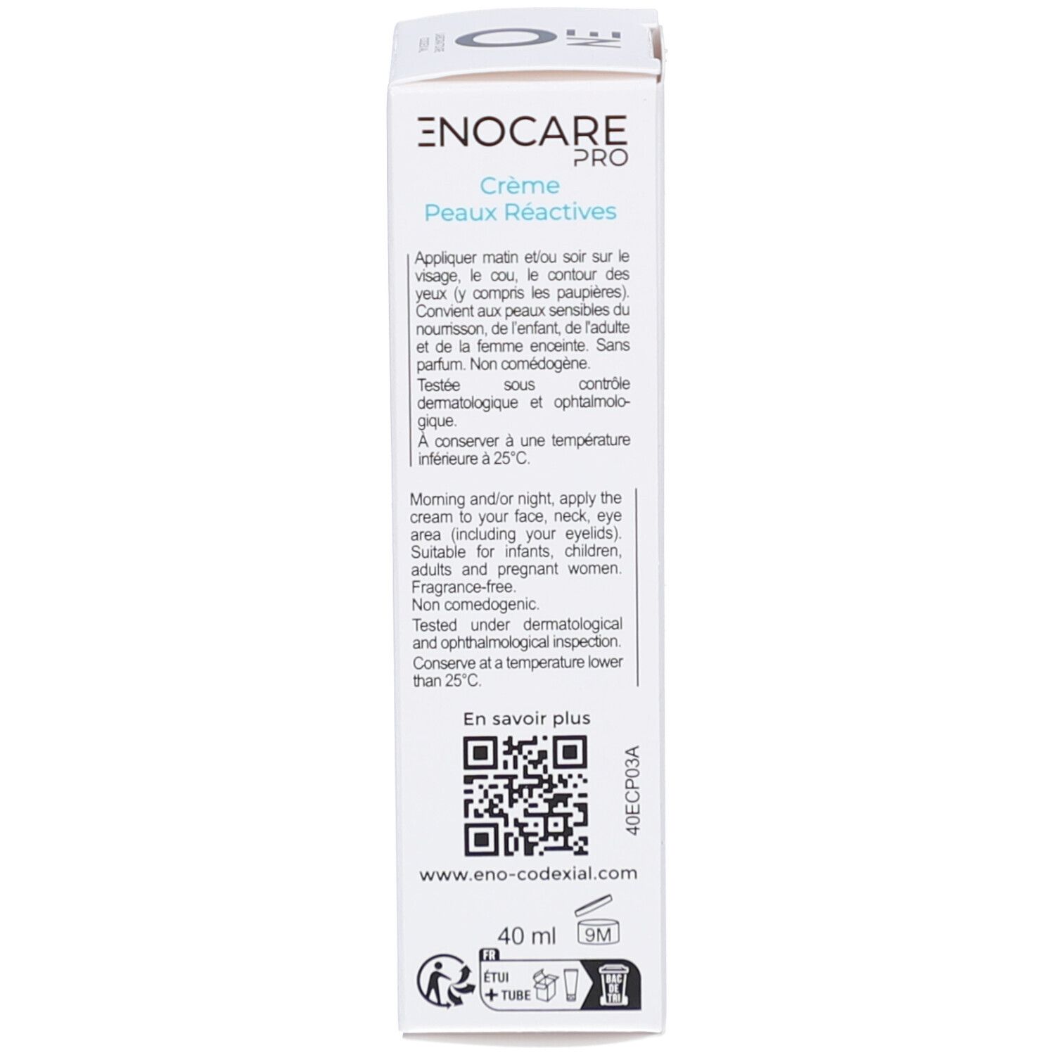 Verpakking. Tekst: Crème Peaux Réactives. Instructies in het Frans en Engels. 40 ml. www.eno-codexial.com.