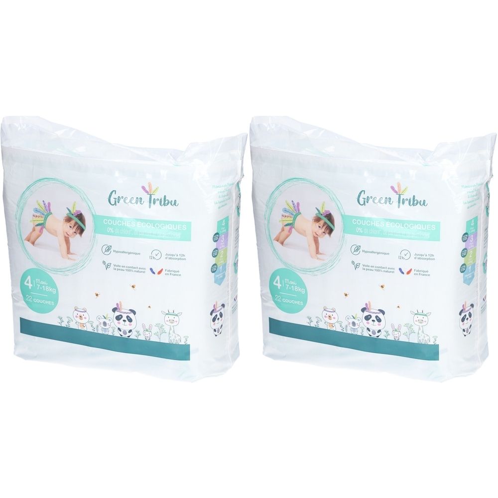 Deux paquets de couches. Marque "Green Tribu". Image d'un bébé. Taille 4. Écologique.