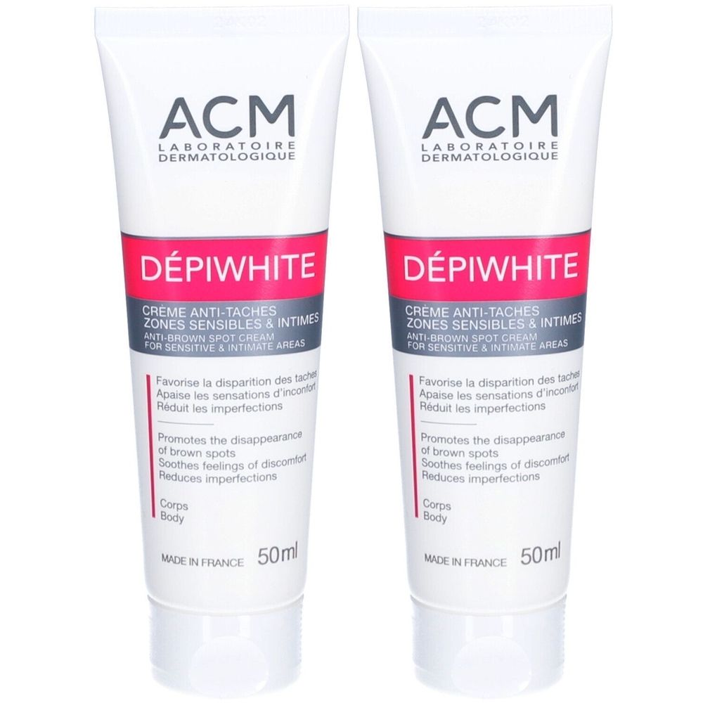 Twee tubes DEPIWHITE crème. Wit, met rode en zwarte tekst. Informatie over gevoelige zones. 50ml.