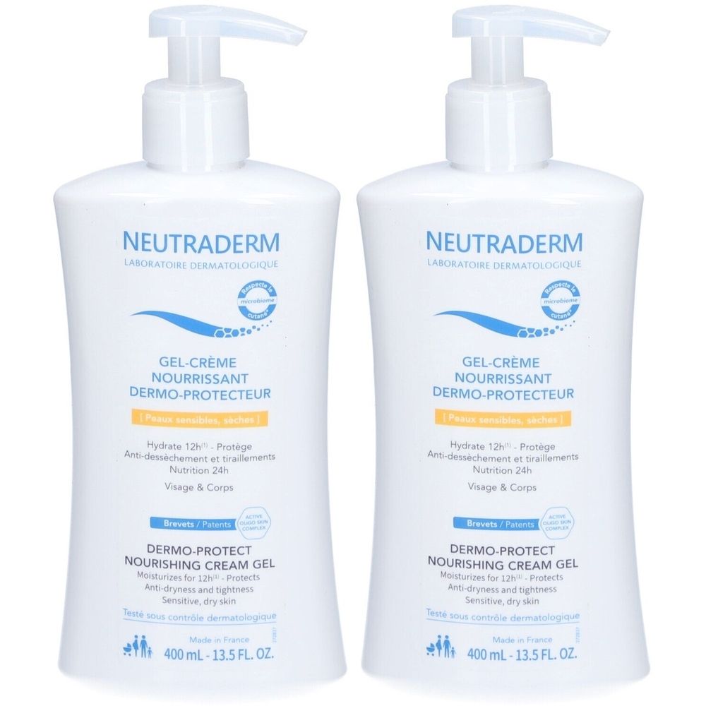 Twee witte flessen met pomp. Opschrift: NEUTRADERM, GEL-CRÈME NOURRISSANT DERMO-PROTECTEUR. Tekst in het Frans en Engels.