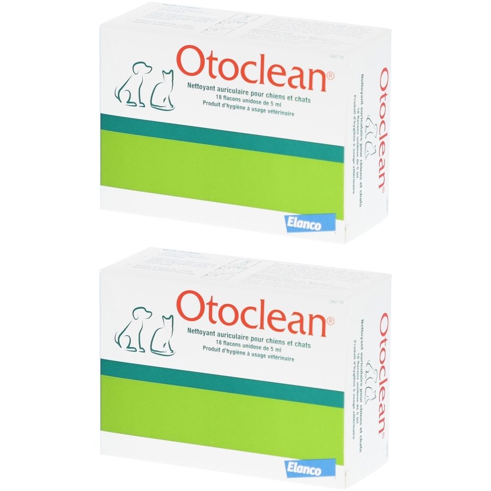 Deux boîtes blanches avec une zone verte. Inscription Otoclean, texte pour chiens et chats. Marque Elanco.