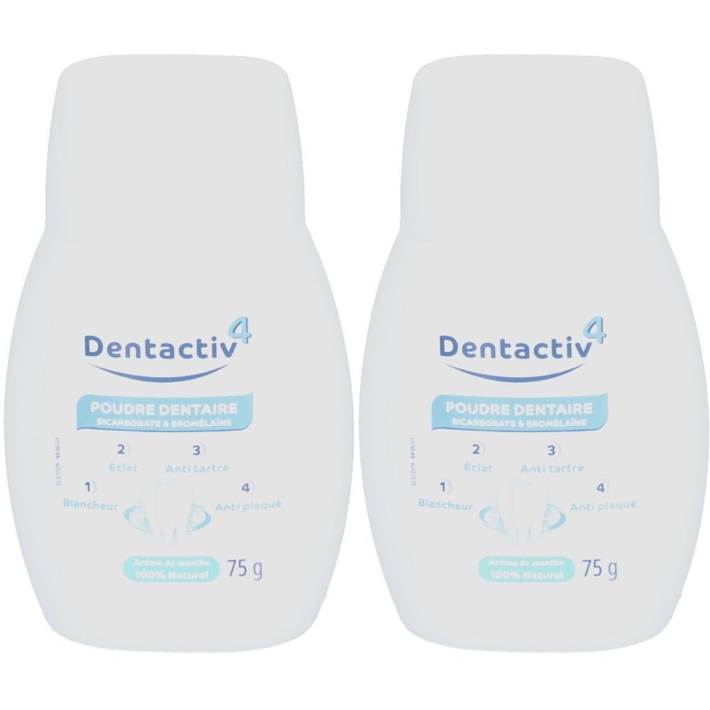 Twee witte flessen Dentactiv 4 tandpoeder. Opschrift: Poudre dentaire, 75 g.