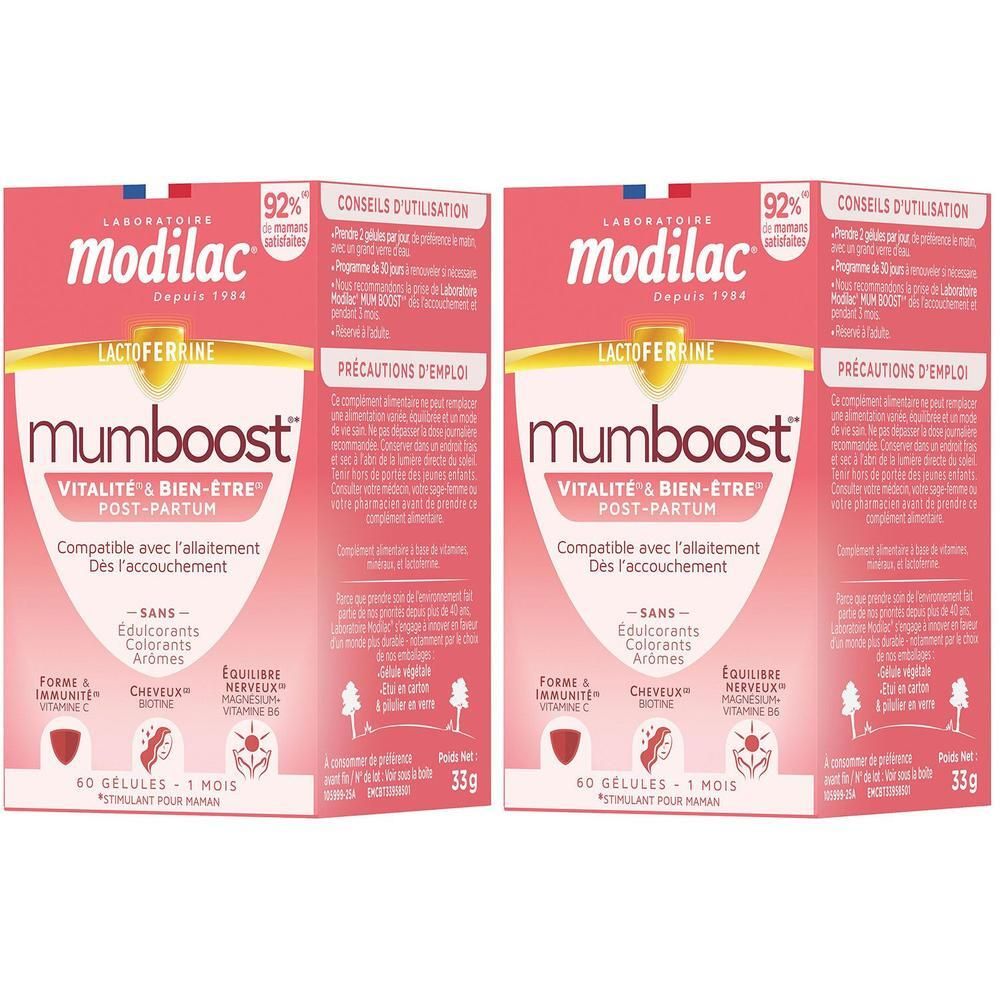 Twee verpakkingen Modilac Mumboost Vitaliteit & Welzijn na de bevalling, 60 capsules.
