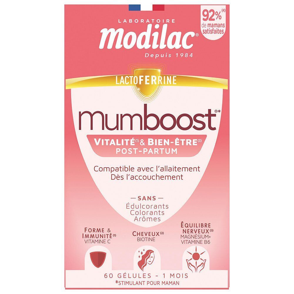 Modilac Mumboost Vitaliteit & Welzijn na de bevalling, 60 capsules, voorkant.