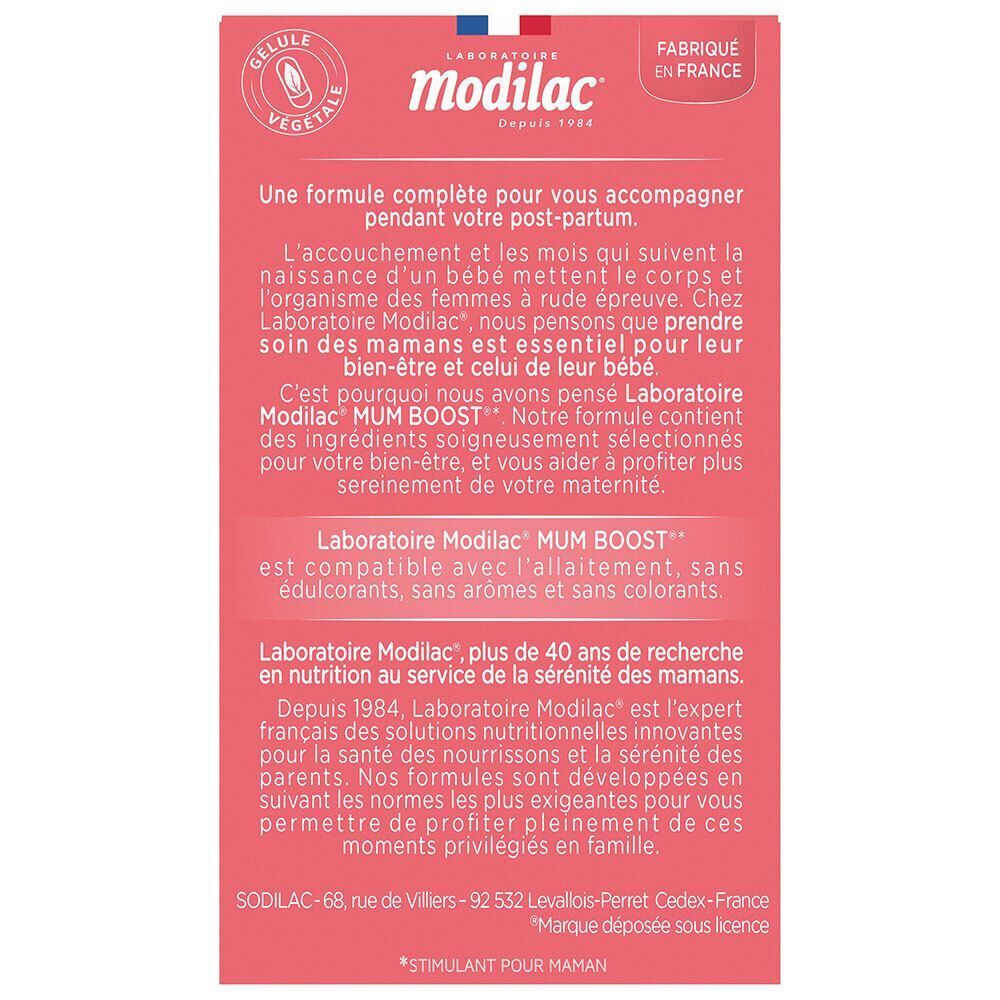 Modilac Mumboost Vitaliteit & Welzijn na de bevalling, achterkant met productinformatie.