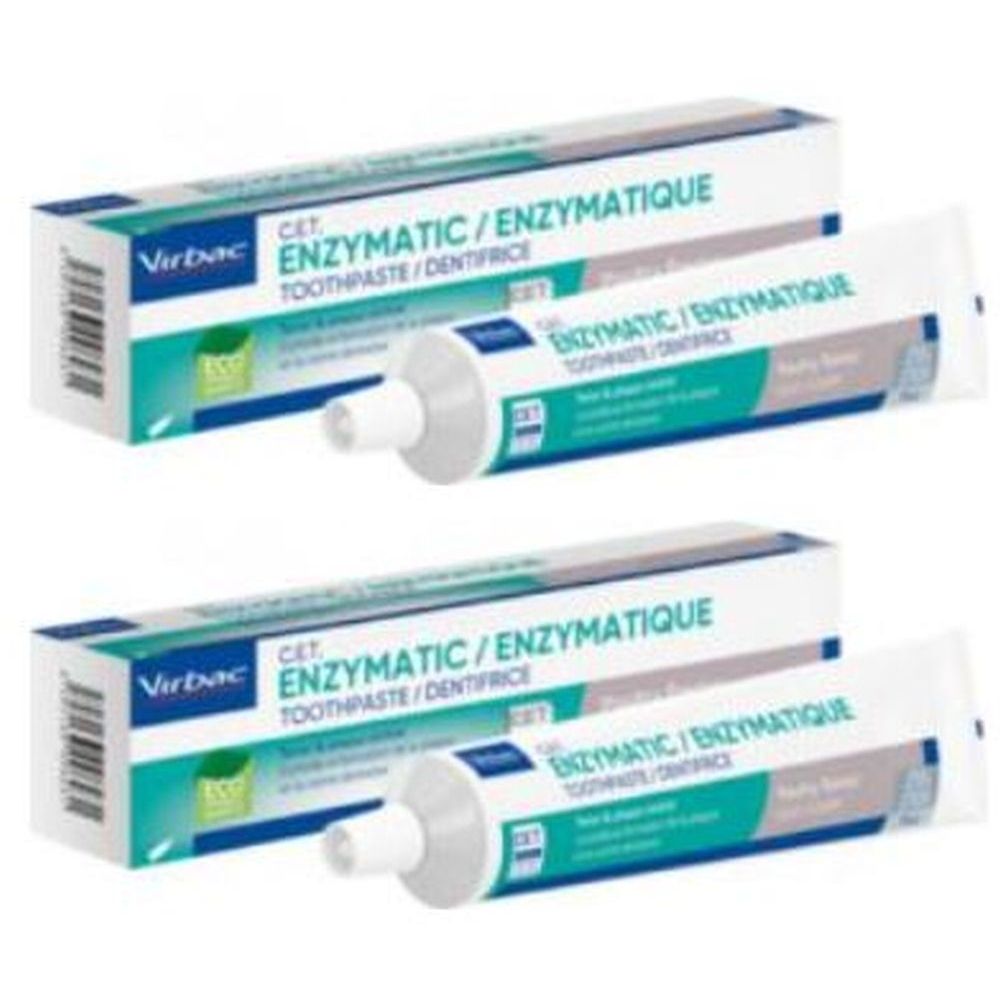 Twee tubes en dozen tandpasta. Opschrift: CET Enzymatic. Groen-witte verpakking. Merk Virbac.