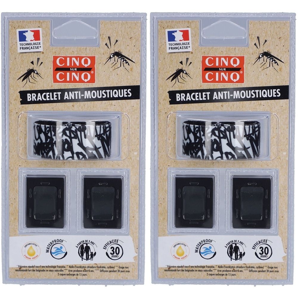 Twee verpakkingen anti-muggen armbanden. Zwarte armband met graffiti patroon. Verpakking met logo en tekst.