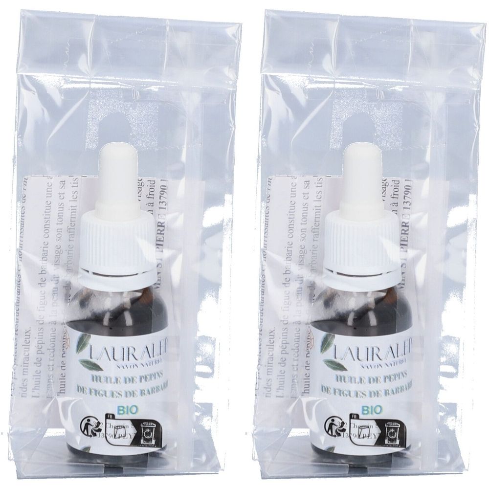 Twee flesjes met pipet in plastic verpakking. Opschrift: Lauralep Huile de pépins de figues de Barbarie bio.